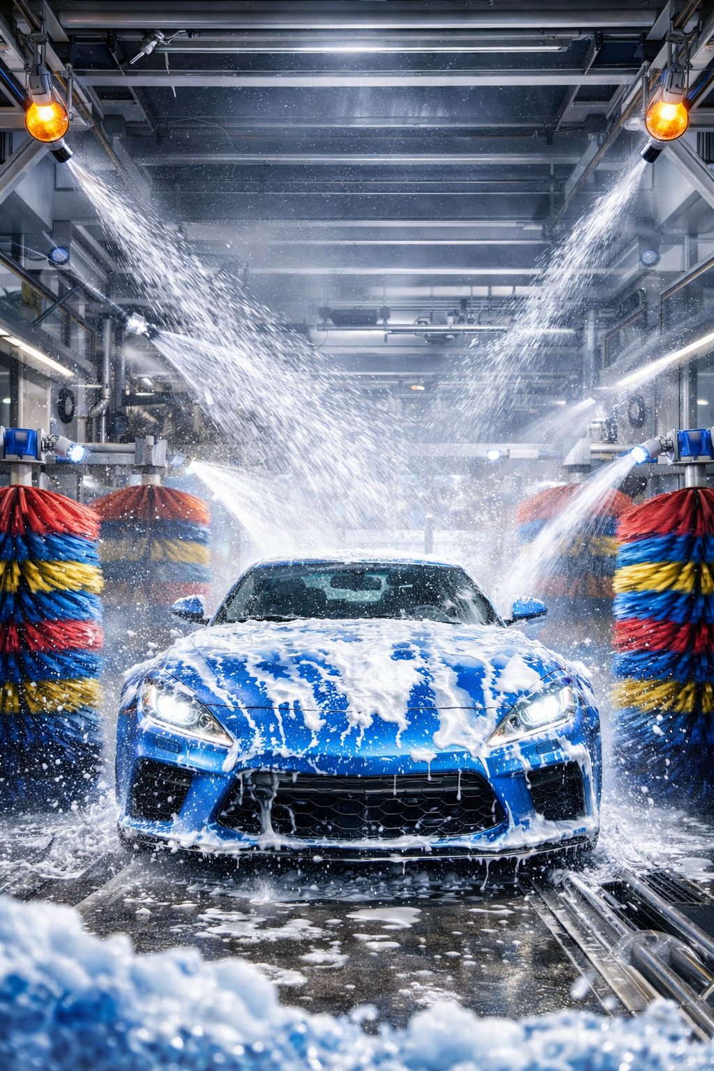 Blue sports car during an automated wash process